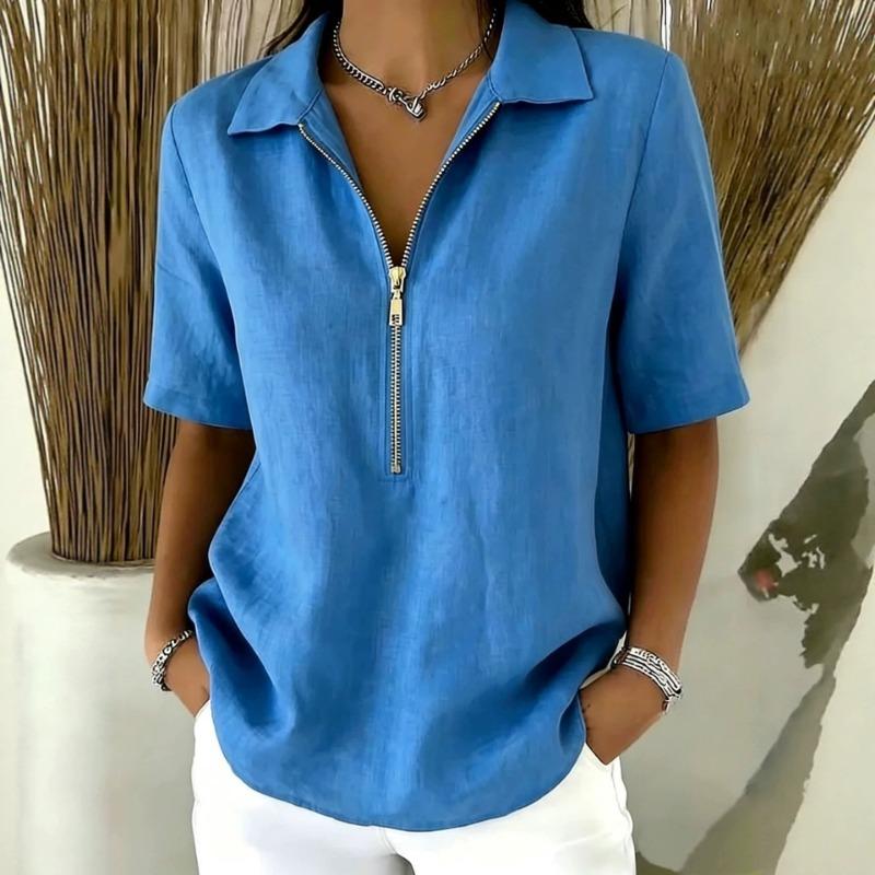 Women Casual Solid Color Lapel Zip Half Sleeve Fashion Blouse