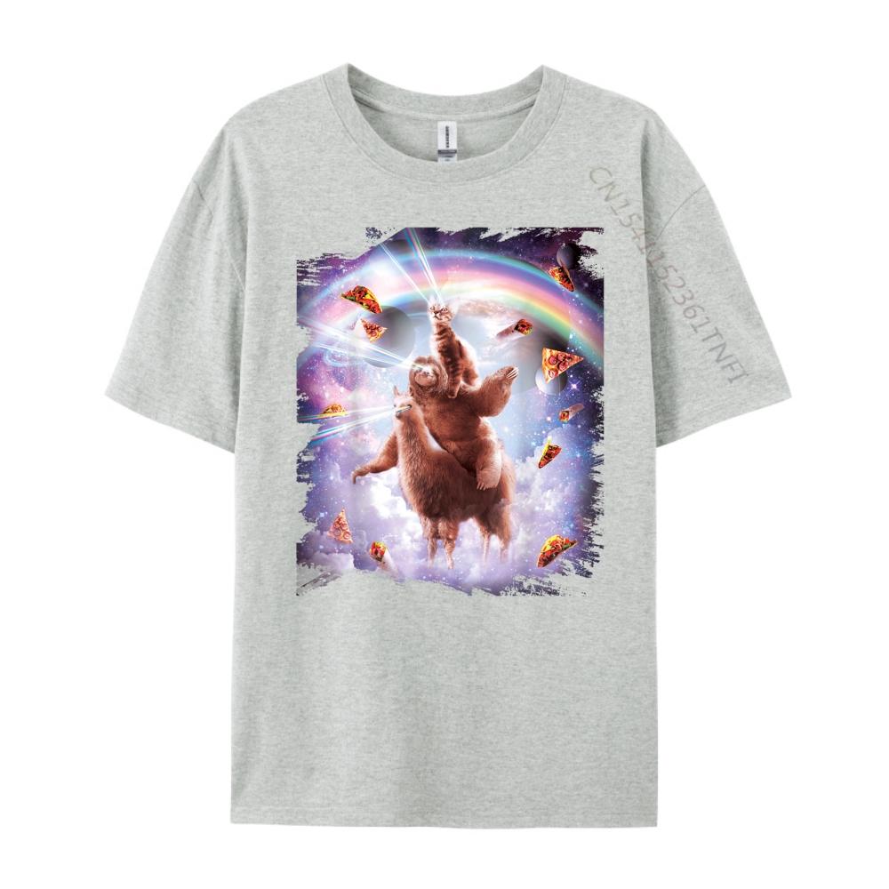 Laser Eyes Space Cat Riding Sloth Llama  Rainbow Shirts Graphic Tee White T Shirt Men