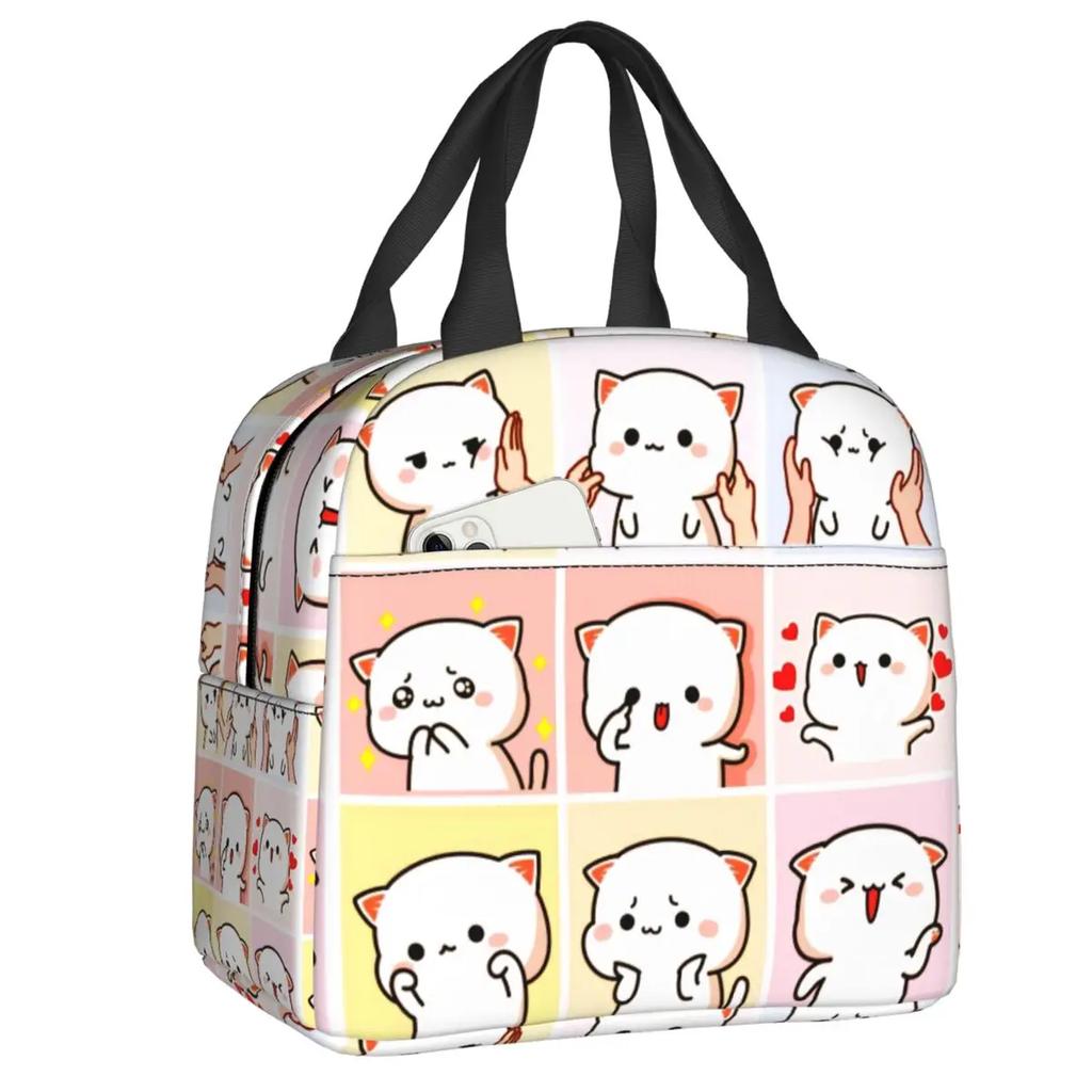 Peach and Goma Insulated Lunch Bags for Work School Picnic Cartoon Mochi Cat Leakproof Cooler Thermal Lunch Box for Women Kids