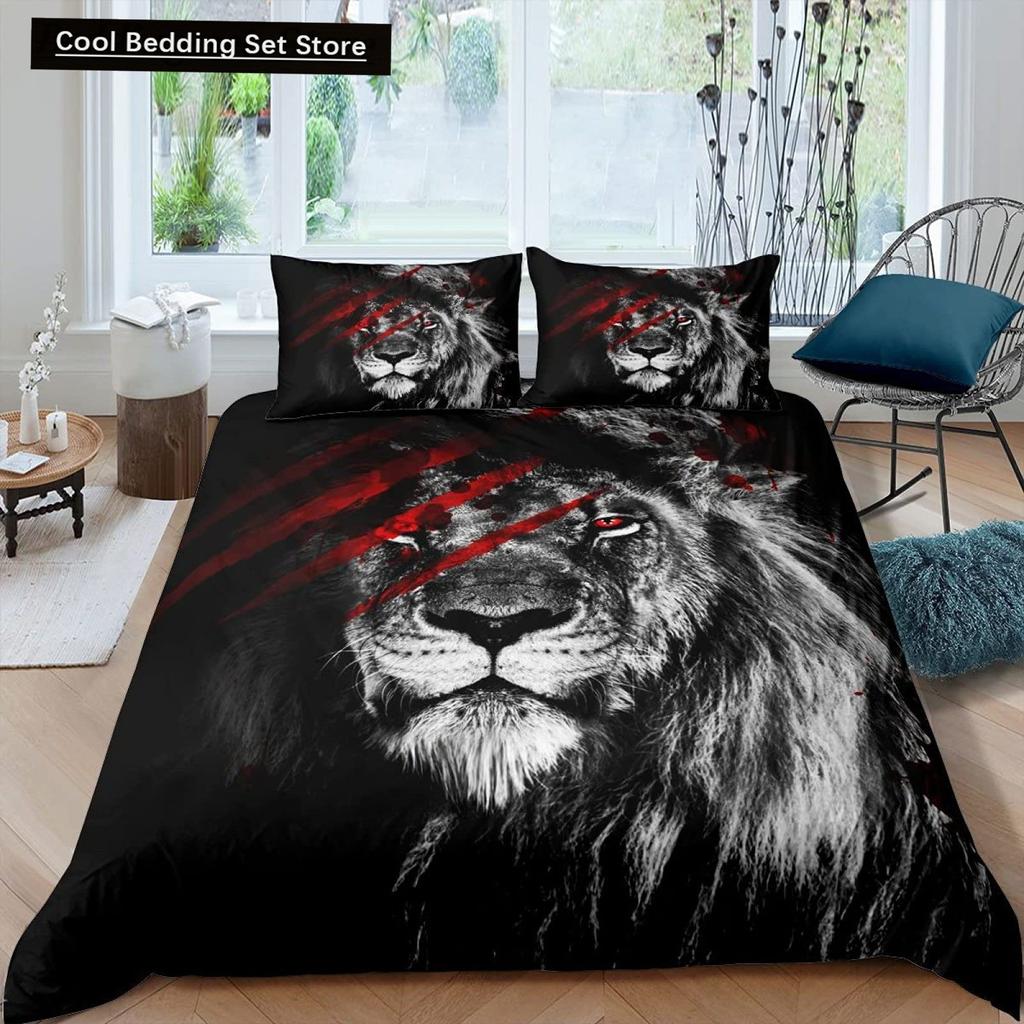 Rei Leão Rainha Capa de Edredom Conjunto de Cama Animal Relâmpago Leão Dourado 2/3 Peças Capa de Edredom Cinza Preto Dourado Poliéster Capa de Edredom