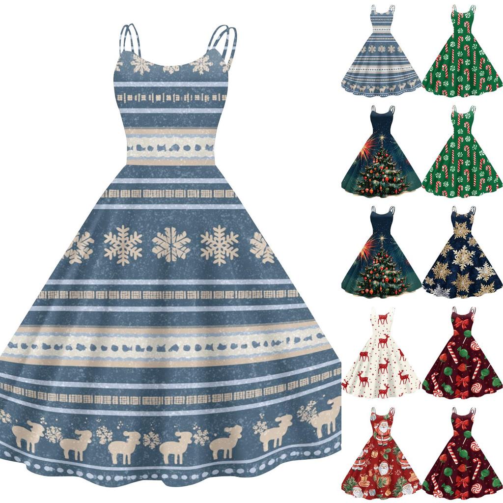 Rochie de petrecere sexy retro cu umerii goi și imprimeu de Crăciun pentru femei, pentru celebrarea sărbătorilor