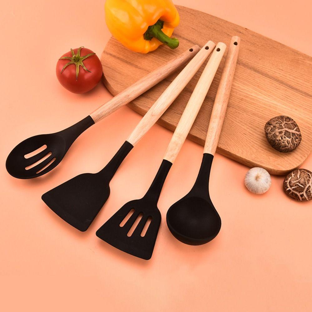12PCS Food Grade Silicone Cookware Set Heat Resistant Ergonomic Kitchen Utensils Wooden Handle BPA-Free Baking Tools Set