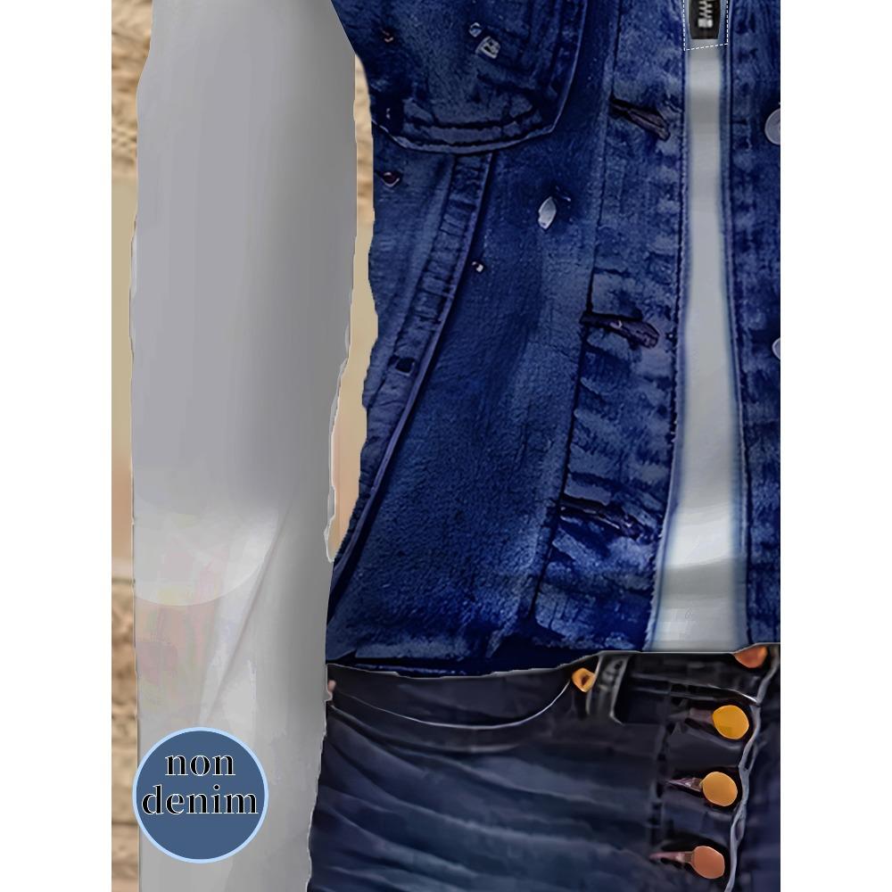 Comfortable trend casual elegant style imitation denim fake two-piece element printing pattern women's garden collar zipper long sleeve