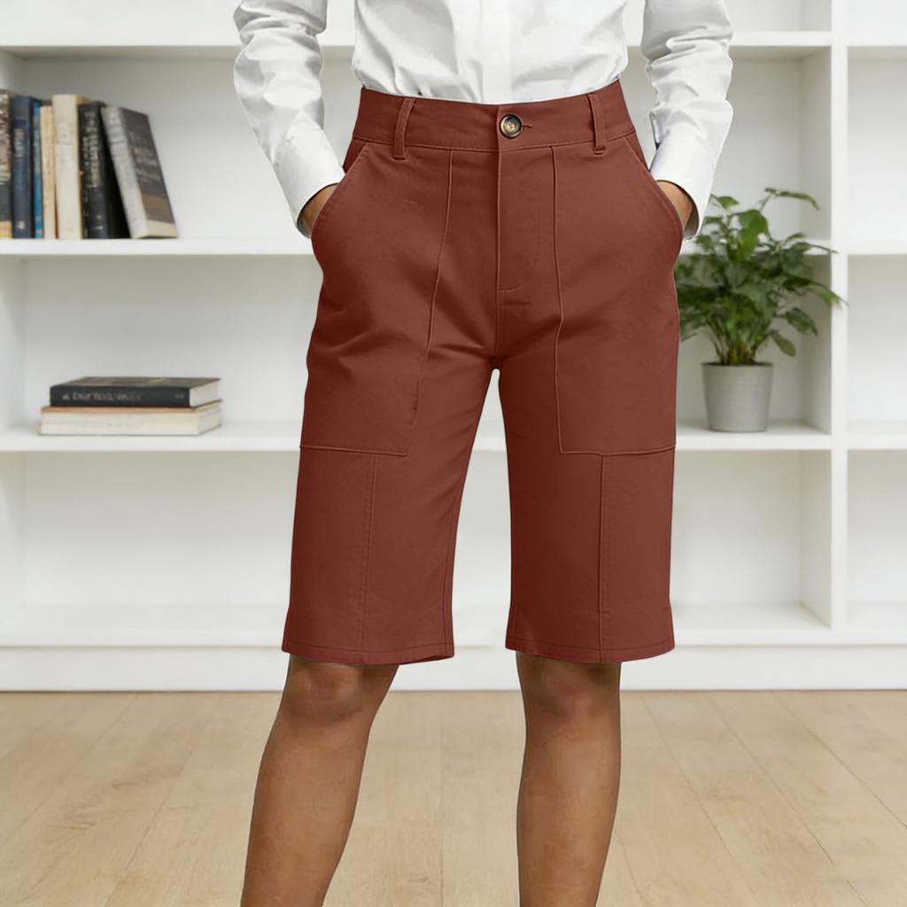 Women's Summer Casual Fashionable Loose And Comfortable Knee High Waisted Elastic Pocket Shorts