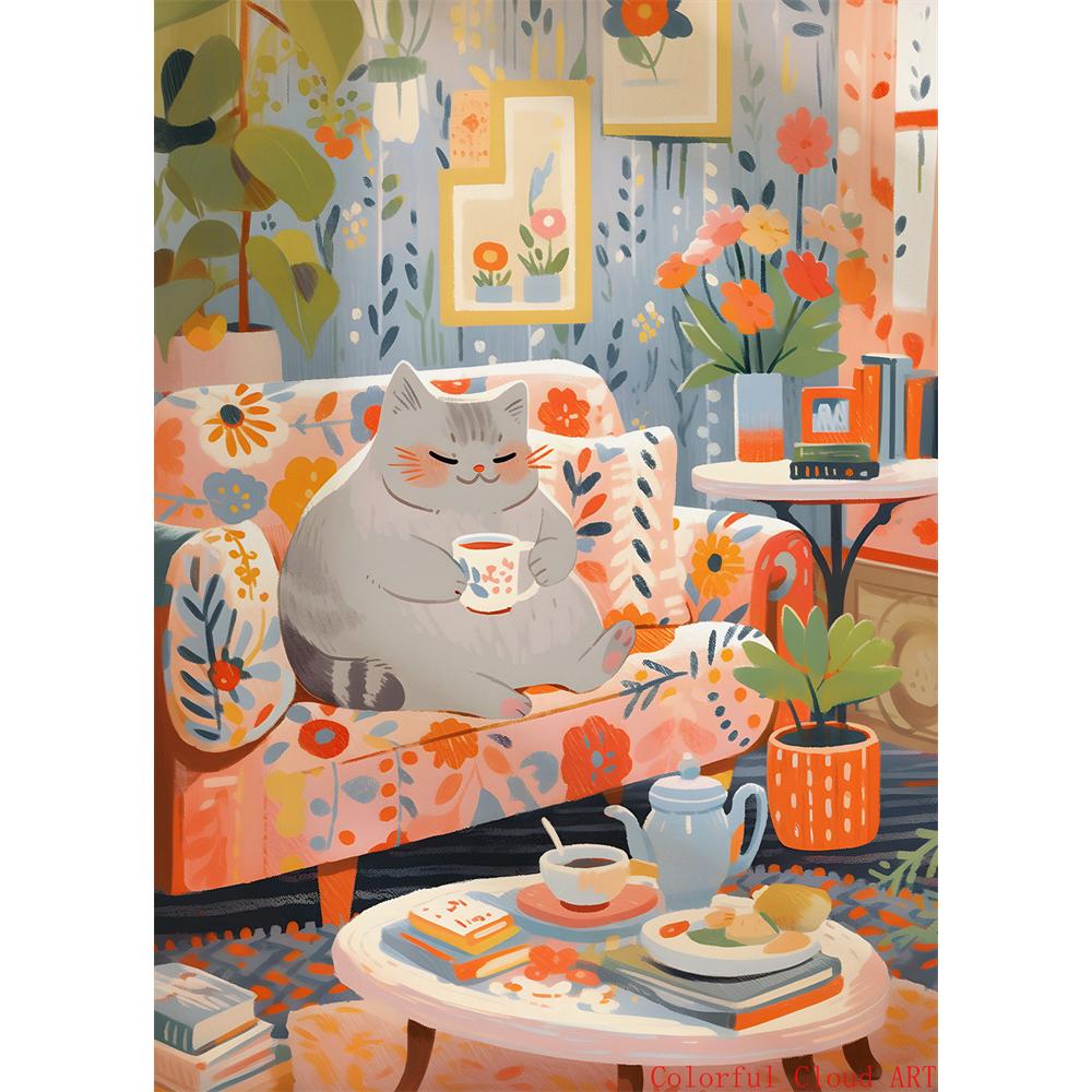 5D DIY Diamantmalerei Kreuzstich Stickerei Lustiges Tier Niedliche Schwarze Katze Weiße Katzen Vollrunde Bohrer Heimdekor Wandkunst Geschenk