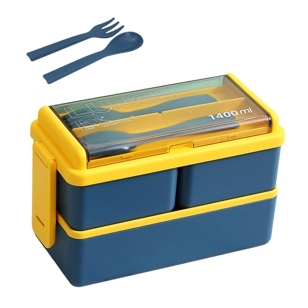 Double Layer Plastic Bento Lunch Box with Utensils Microwave Safe Leakproof Food Storage Container for Office School Meal Prep 1400ml