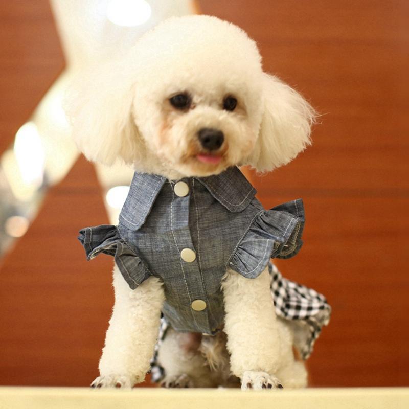 Summer Dogs Dress Pet Denim Plaid Dresses for Small Dogs Pomeranian Chihuahua Puppy Kitten Skirt Princess Dress Pet Clothing