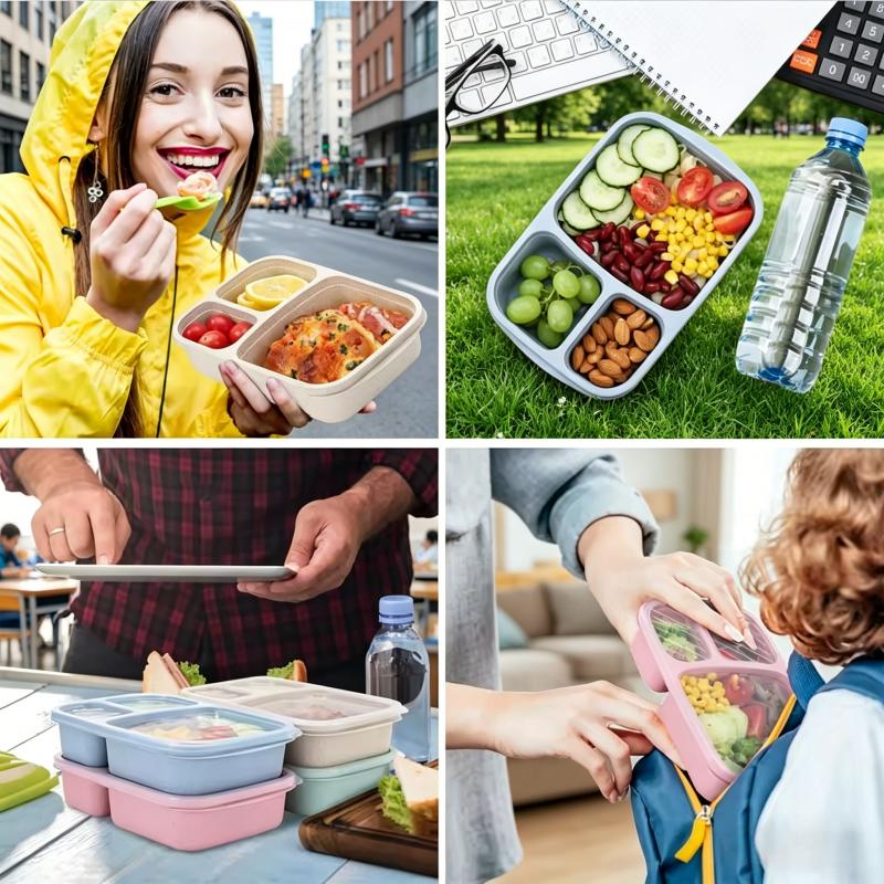 Bento Lunch Box Set 3 Compartment Food Storage Containers Wheat Straw Meal Prep Lunch Box Plastic Food Storage Container