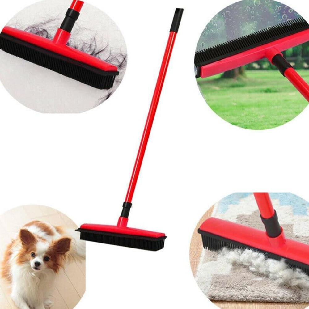 Gummi-Besen zur Tierhaarentfernung mit Abzieher & Teleskopstiel, 2-in-1 Magischer Silikon-Kehrer für Teppich, Hartholz, Fliesen & Fensterreinigung