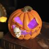 Halloween Pumpkin Sculpture with Light Spooky Pumpkin Figurine with Skull Resin Table Ornament for Home Office Decor