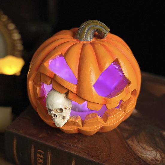 Halloween Pumpkin Sculpture with Light Spooky Pumpkin Figurine with Skull Resin Table Ornament for Home Office Decor