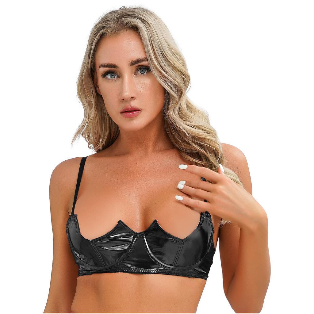 Dame V-Notch bøyle BH Push Up Justerbare Spaghetti stropper Bralette Bh i patentskinn