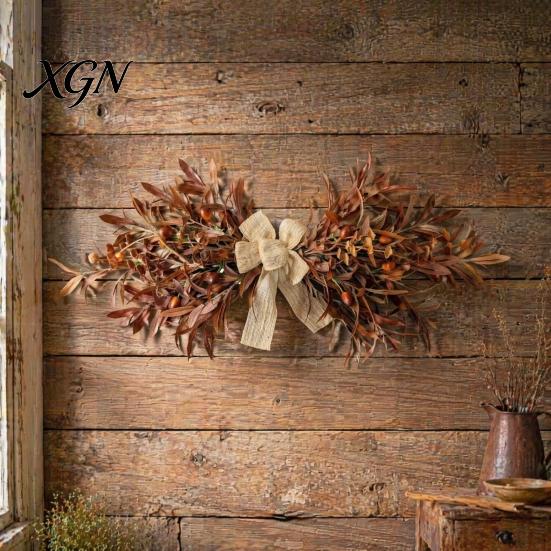 Indoor Outdoor Autumn Wreath 23.6" Artificial Olive Wreath, Faux Fall Leaf Teardrop Swag, Door Hanger for Front with Burlap Bow Thanksgiving