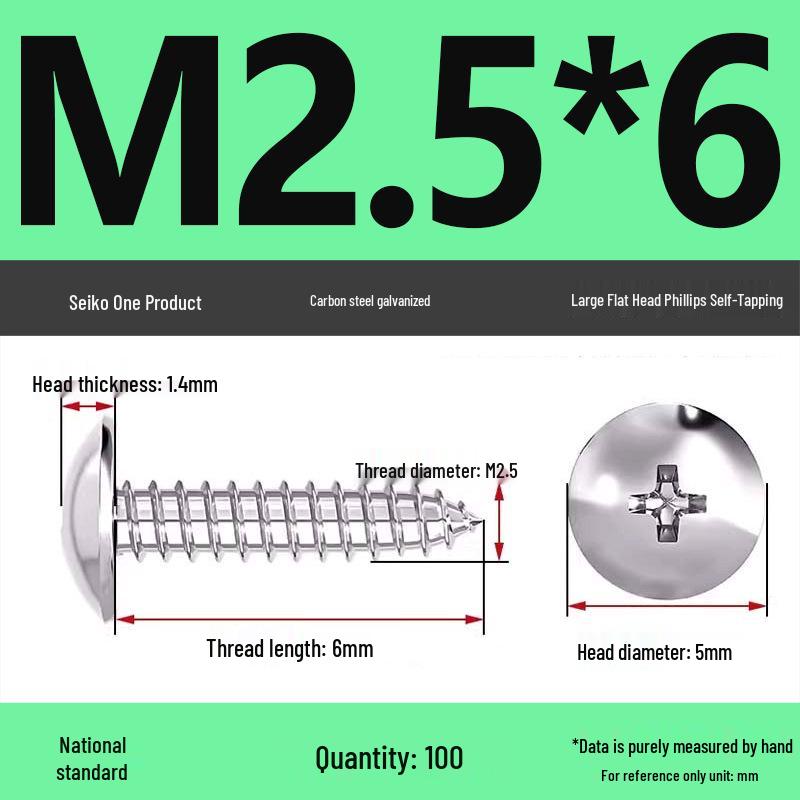 Galvanized M3 Phillips Flat Head Self-Tapping Wood Screws, High-Strength, Large Head