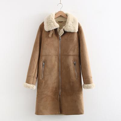 Dicke lange pelzige Jacke Frauen Pelz integrierte warme Langarm Reißverschluss weibliche Faux Ledermantel Herbst Winter Dame Mantel