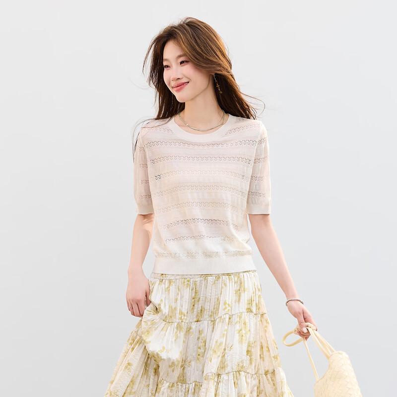 Srcr Women's Silk Blend Hollow-Out Knit Short Sleeve Top
