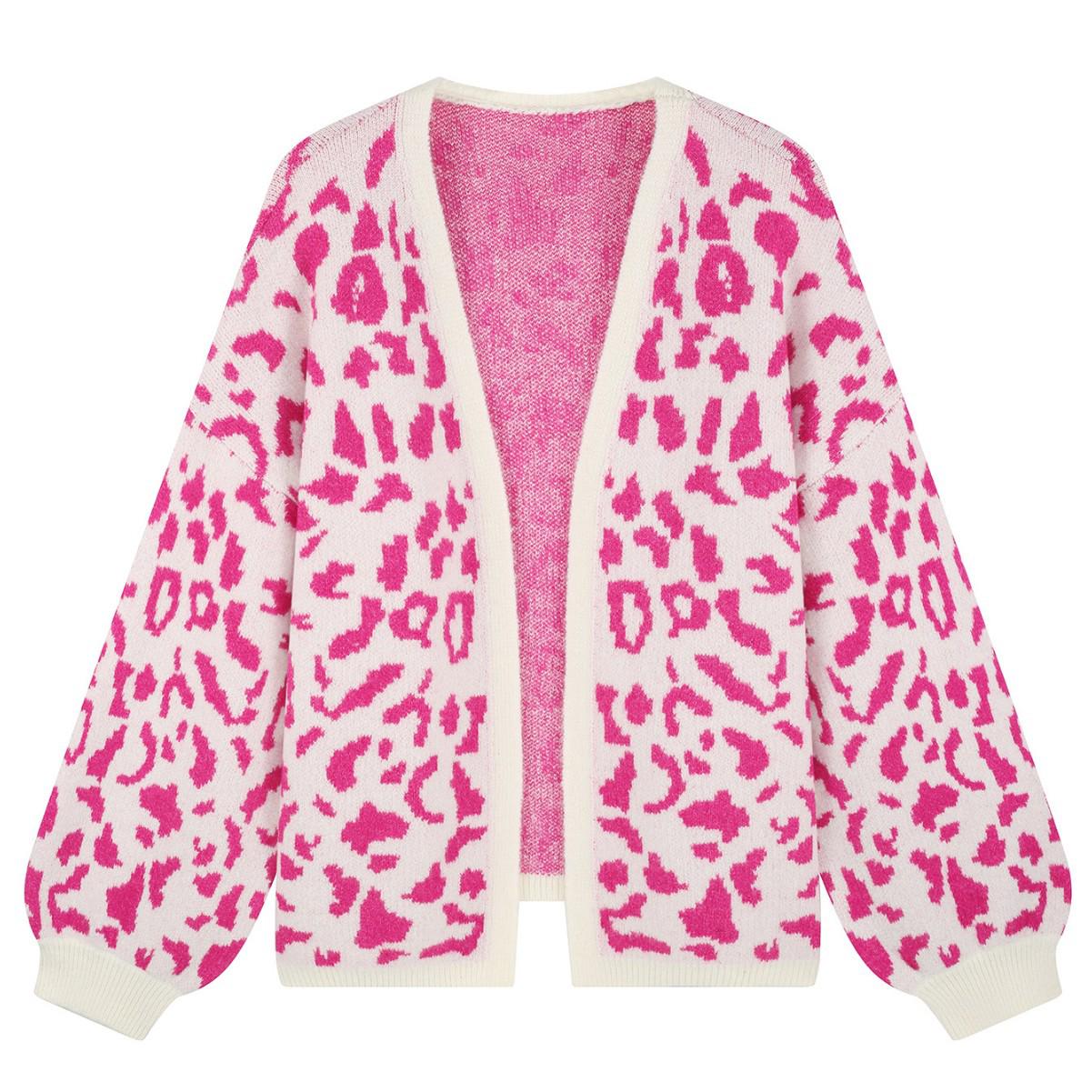 

2025 Autumn Leopard Print Women s Cardigan - European & American Loose Knit Sweater Style 5XL рожевий червоний колір