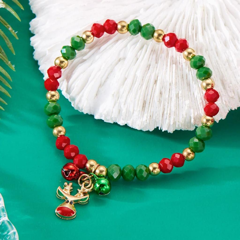 Trendy Small Crystal Bead Xmas Bracelet for Women Men Handmade Christmas Tree Snowman Elastic Bracelet Jewelry Gifts