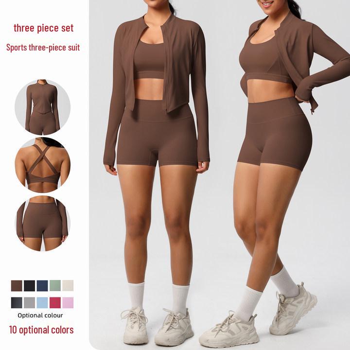 Cloud Feel Yoga Brushed Sports Jacket & Casual Pilates Running Fitness Three-Piece Set