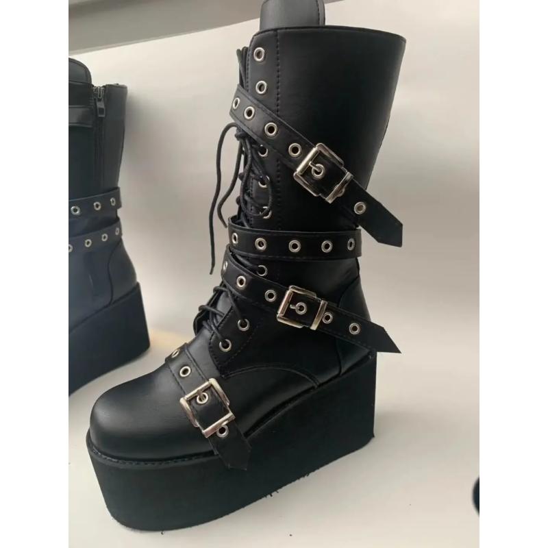 Plus Size 43 Autumn Women Boots Buckle Round Toe Wedges Platform Boots Punk Goth Ins Women Street Shoes Combat Boots For Women