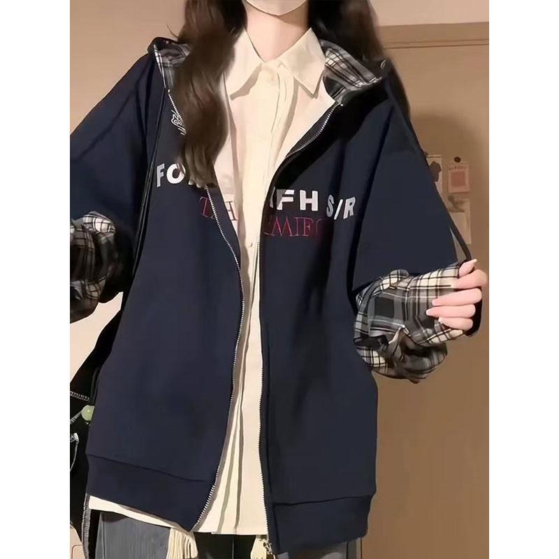 Women's Plaid Patchwork Two-Piece Hooded Sweatshirt - Loose, Stylish, and Lightweight for Spring