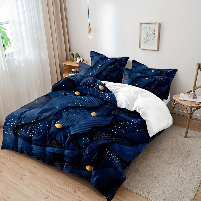 3Pcs Duvet Cover Set, Includes 1 Duvet Cover And 2 Pillowcases, No Insert, Ultra-Soft Comfortable, Navy Blue Golden Abstract