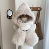 New solid color women's scarf, hat and gloves integrated three-piece set, warm and thickened, cute ears, plush and cold-proof.