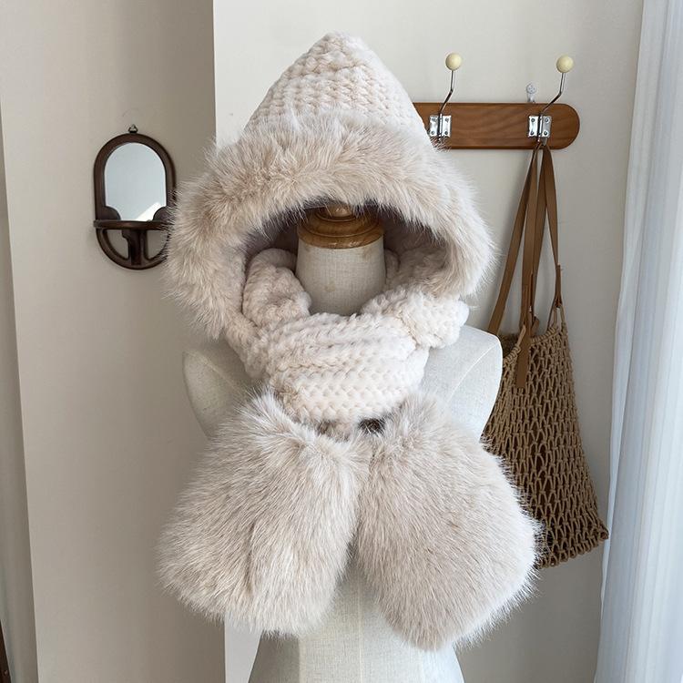 New solid color women's scarf, hat and gloves integrated three-piece set, warm and thickened, cute ears, plush and cold-proof.