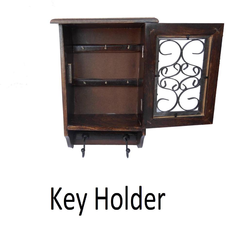 Handicraft ANTIQUE LOOK WALL HANGING BOX OF Wood, Glass, Iron Key Holder (8 Hooks, Brown)