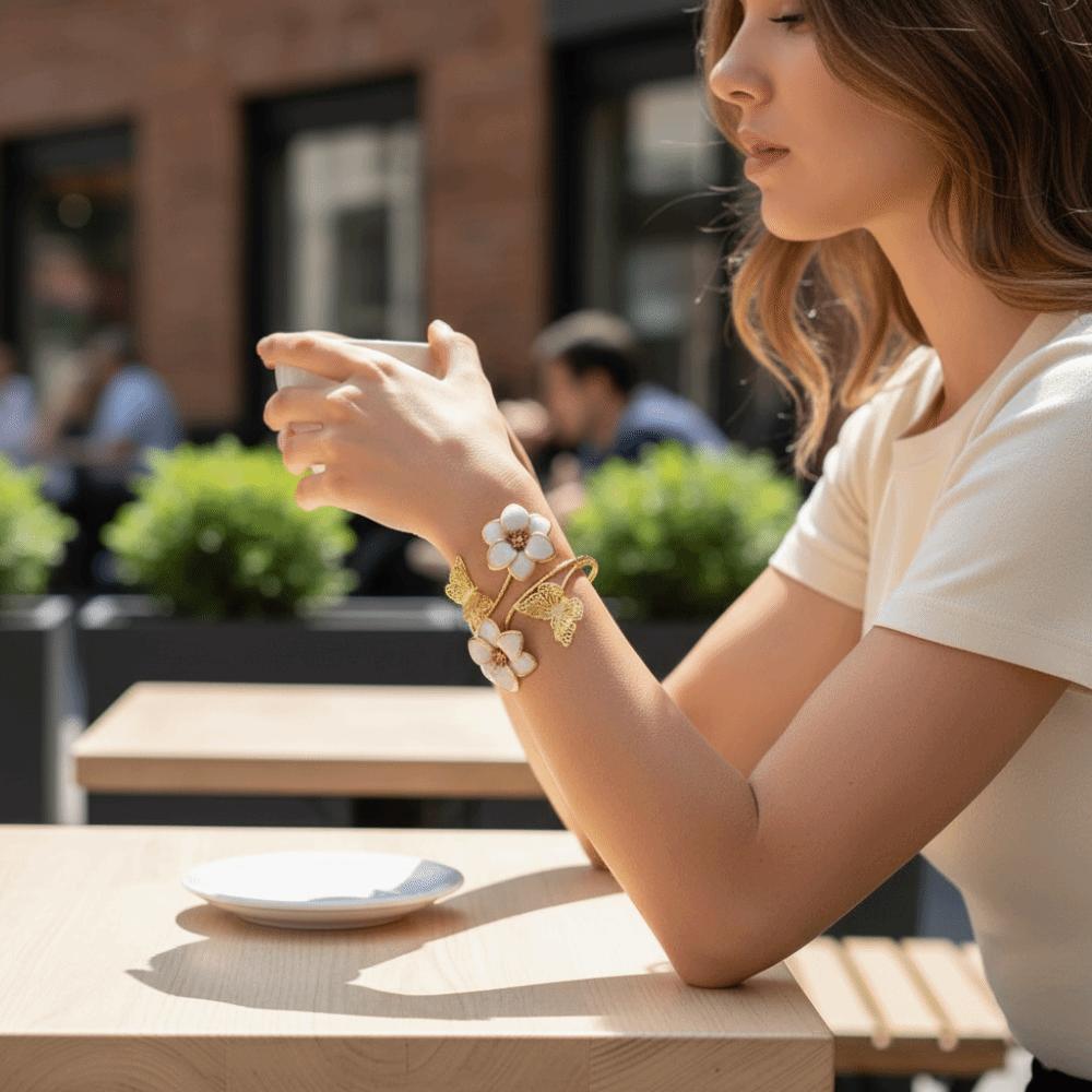 Artistic Drip Oil Flower Arm Ring Vintage Butterfly Open Bangle  Fashion Accessory