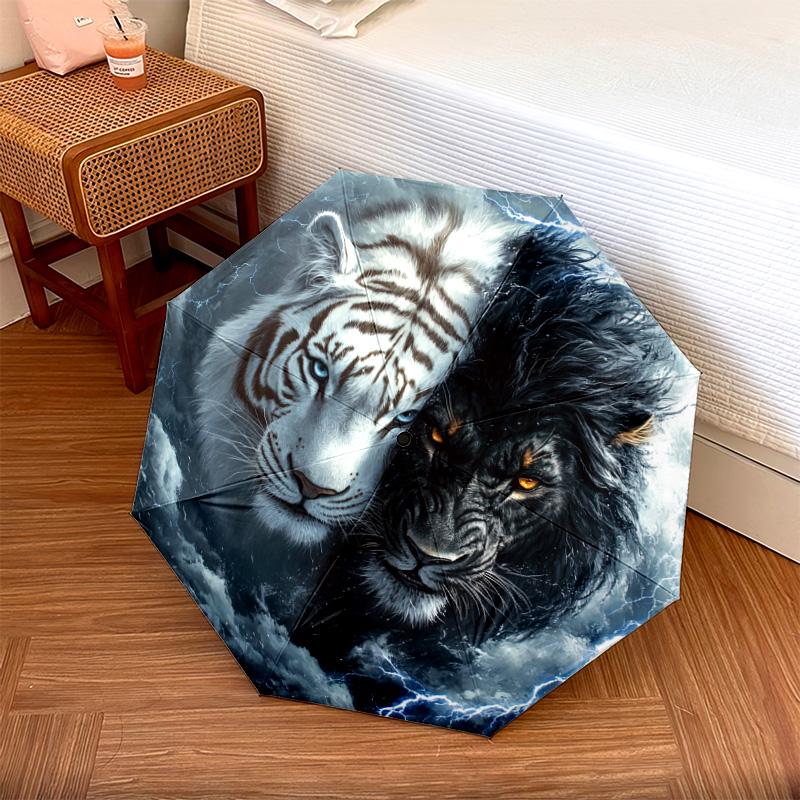 1 PC Automatic Folding Umbrella - Yin Yang Tiger Lion Pattern, Portable & Foldable Design with 8 Ribs, Christmas Birthday Gifts