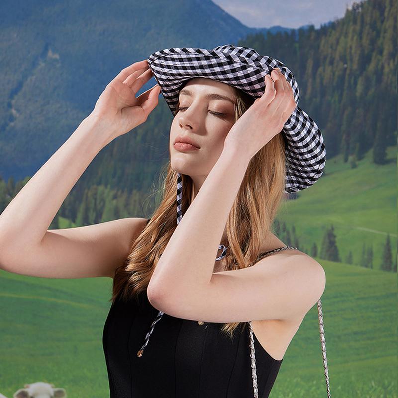 Frühling Sommer Hut mit breiter Krempe für Outdoor-Bergsteigen Karierter Fischerhut mit Schnürung Sonnenschutzhut für Damen