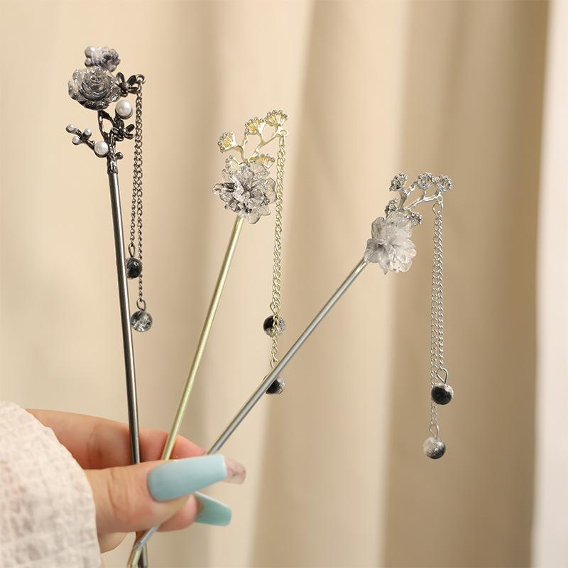 Elegant Ink Flower Hairpin For Women Vintage Rose Pearl Tassel Hair Stick Exquisite Metal Jewelry Hair Accessories Hair Pins