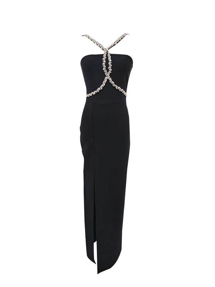 2026 Autumn European & American Glam Diamond Halterneck Slim-Fit Maxi Dress