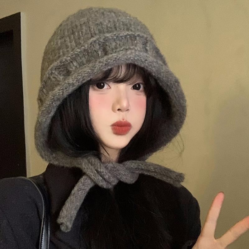 Small face straps knitted hat women's autumn and winter big head circumference solid color wool hat warm ear protection bag head hat