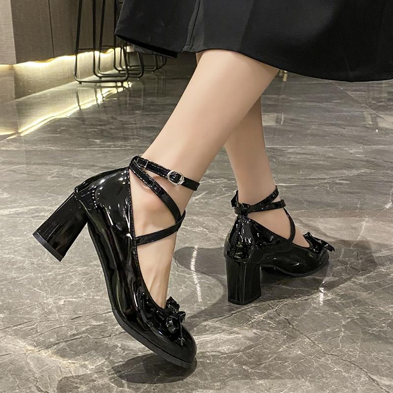 Fashion New Mary Jane Women Pumps Thick High Heels Shoes Female Lolita Square Toe Shoes Spring Fashion Party Leather Woman Shoes
