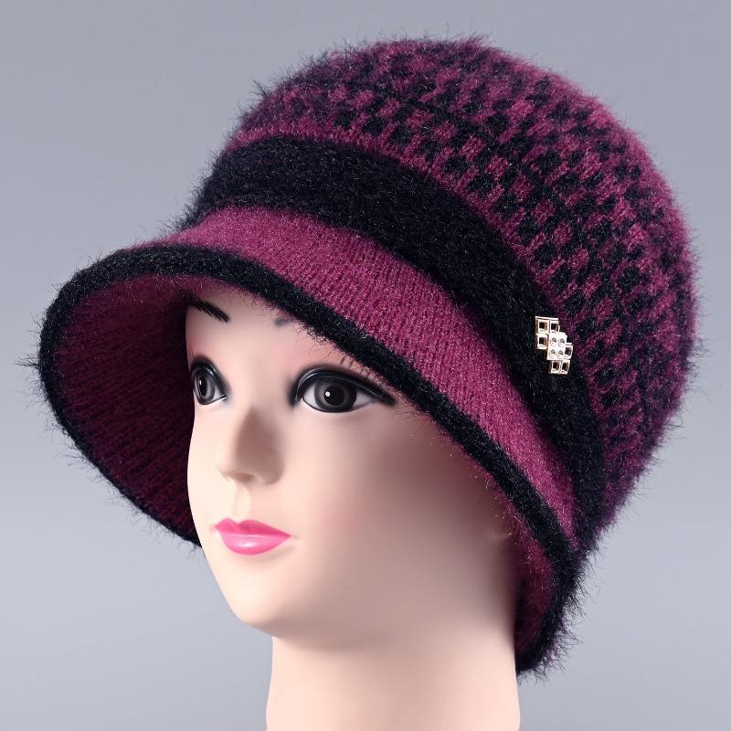 Hat Women's Autumn and Winter Fleece Big Eaves Knitted Hat Wool Hat Old Lady Thermos Hat