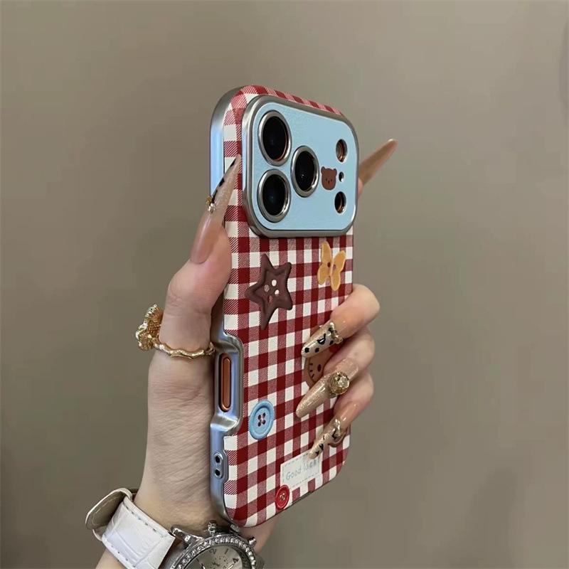 

Plaid KT cat is suitable for iPhone17pro mobile phone case, Apple 16pro, large window 15pro, lattice 14pro iPhone17
