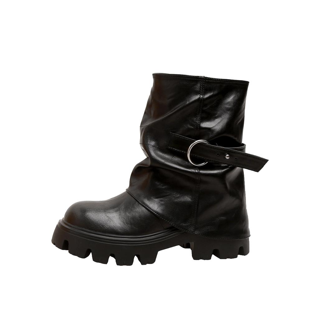 New Spot Platform Fashion Short Boots Women's Autumn and Winter Versatile Pleated Trouser Tube Boots British Style Medium Tube Martin Boots W