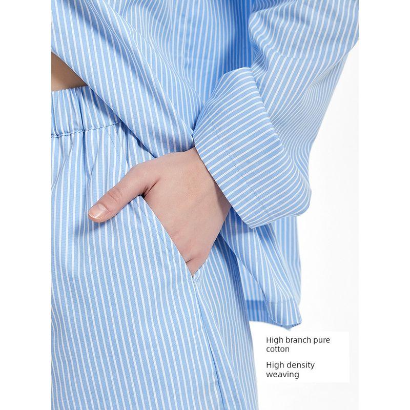 Classic Blue and White Stripes Cotton Women's Long-Sleeved Shorts Pajamas