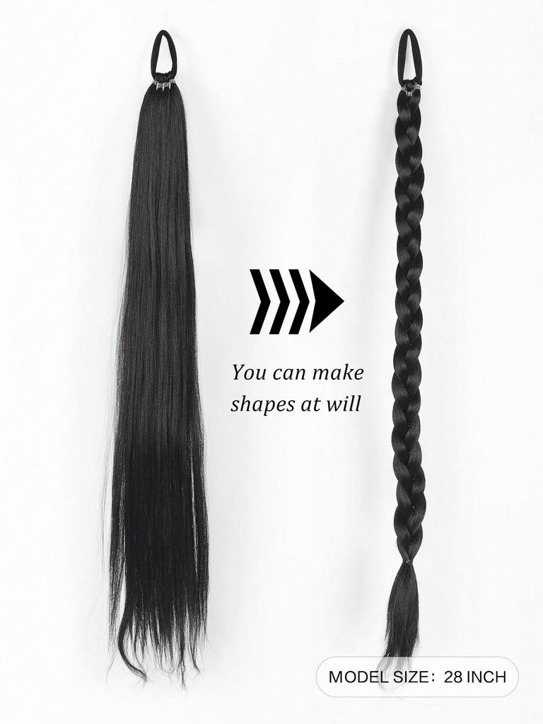 Synthetic 28 Inch Braided Ponytail Extension Long Straight With Rubber Band Braided Ponytail For Women's Daily Use
