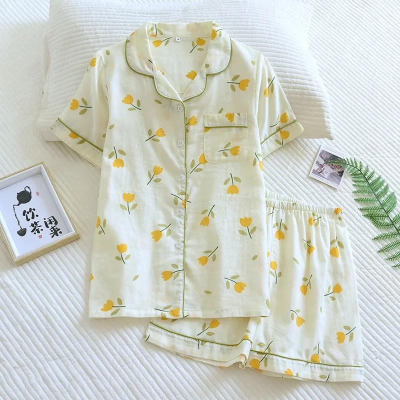 New 100% Cotton Short-sleeved Shorts Ladies Pajamas Set Cute Cartoon Pajamas Japanese Simple Short Pajamas Women Sleepwear