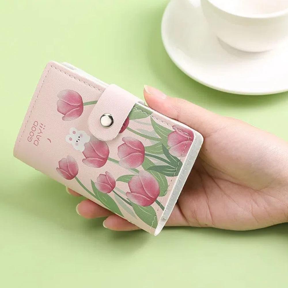 Portable Large Capacity Card Storage Bag Multi-card Slot PU Leather Short Card Bag Bunny Tulip Print Credit Card Holder Women