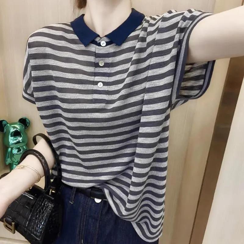 Women's Black White Stripe Contrast Collar Short Sleeve Polo T-Shirt