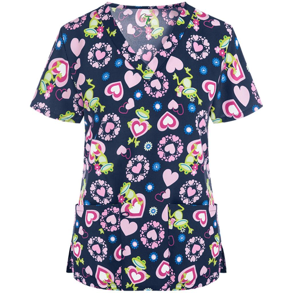 Uniforme de Travail pour Femmes Imprimé Animal Chat Chien Dessin Animé Manches Courtes Col V Hauts Femme Blouse Vêtement de Travail d'Infirmière Uniformes Médicaux