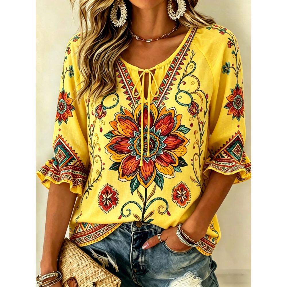 Women's Khaki Vintage Floral Print Tie Neck Blouse, Casual Loose Tops for Spring Summer Daily Wear & Vacation Occasions