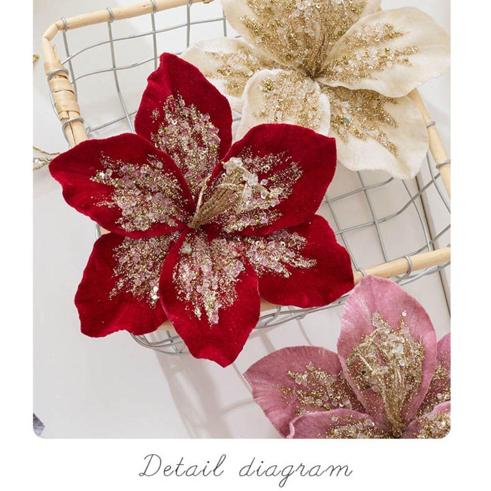 19cm Artificial Poinsettia Glitter Flower Sequin Flannel 3D Simulation Flower Glitter Simulation Fake Christmas Flowers