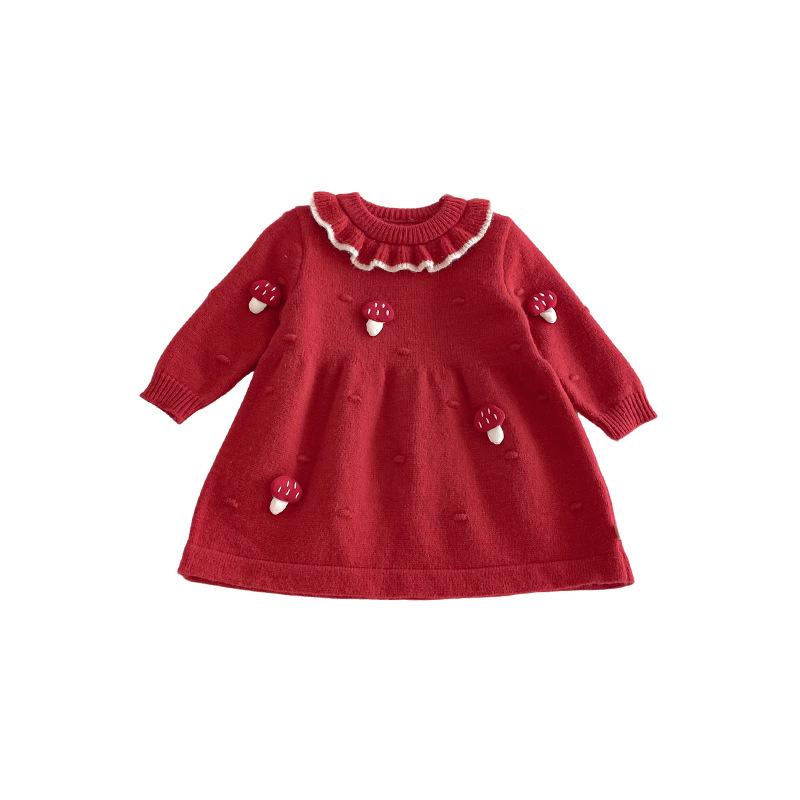 2025 Winter Baby Girls' 3D Mushroom Knit Dress – Chinese New Year & 1st Birthday Outfit