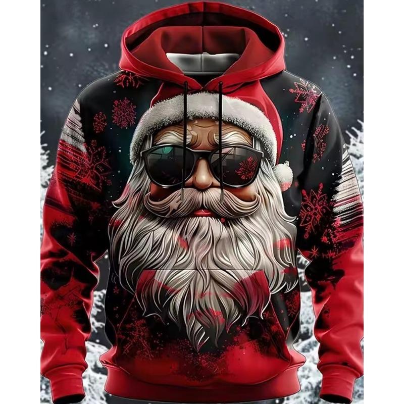 Christmas Men's Graphic Santa Claus Fashion Streetwear Hooded Outdoor Vacation Going out Black Red Pocket Print Fall Winter
