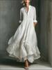 Women Solid Color Stand Collar V Notch Long Sleeve Tiered Ruffle Maxi Dress Casual Loose Fit Dress